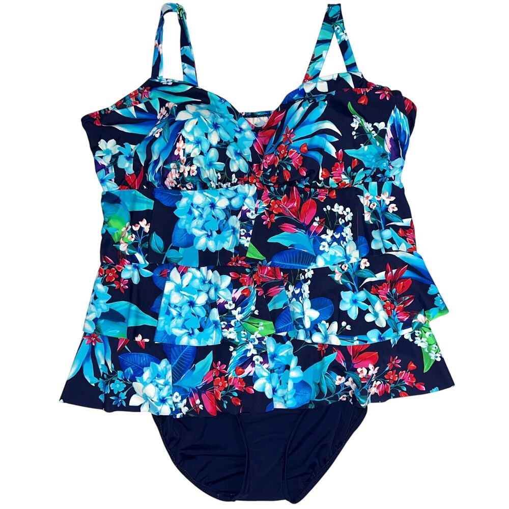 Miraclesuit Blue Floral Tiered Ruffle Slimming One Piece Swimsuit Size 24W